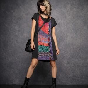 Desigual Patchwork Mini Dress Cap Sleeve Back Zip Colorblock Women XL Artsy